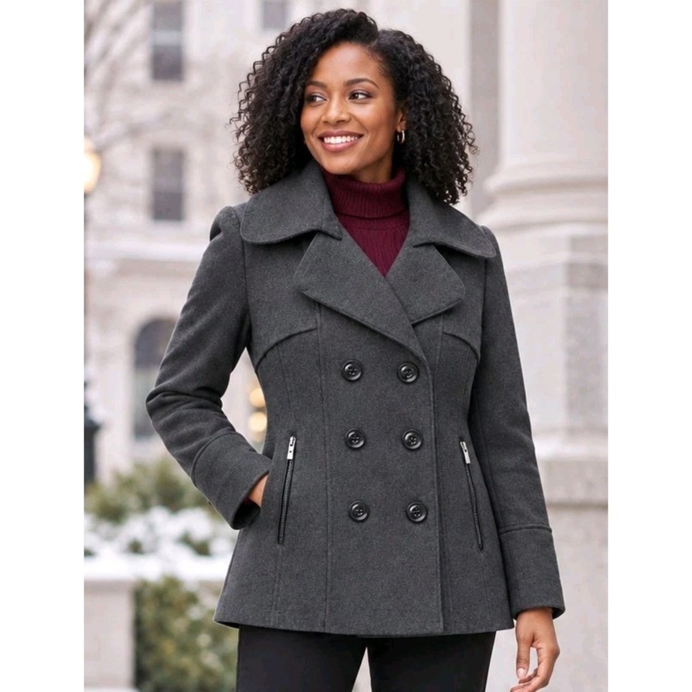 Maralyn & Me Womens Medium Double Breasted Peacoat Tailored Zip Pockets Classic